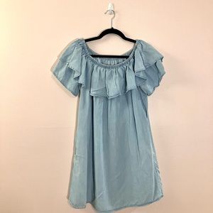 Chelsea & Theodore midi dress ▪️Blue off the shoulder with ruffle neck & pockets